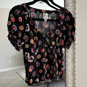 Anthropologie NWT Maeve Black Motif Graphic Blouse with Colorful Print
